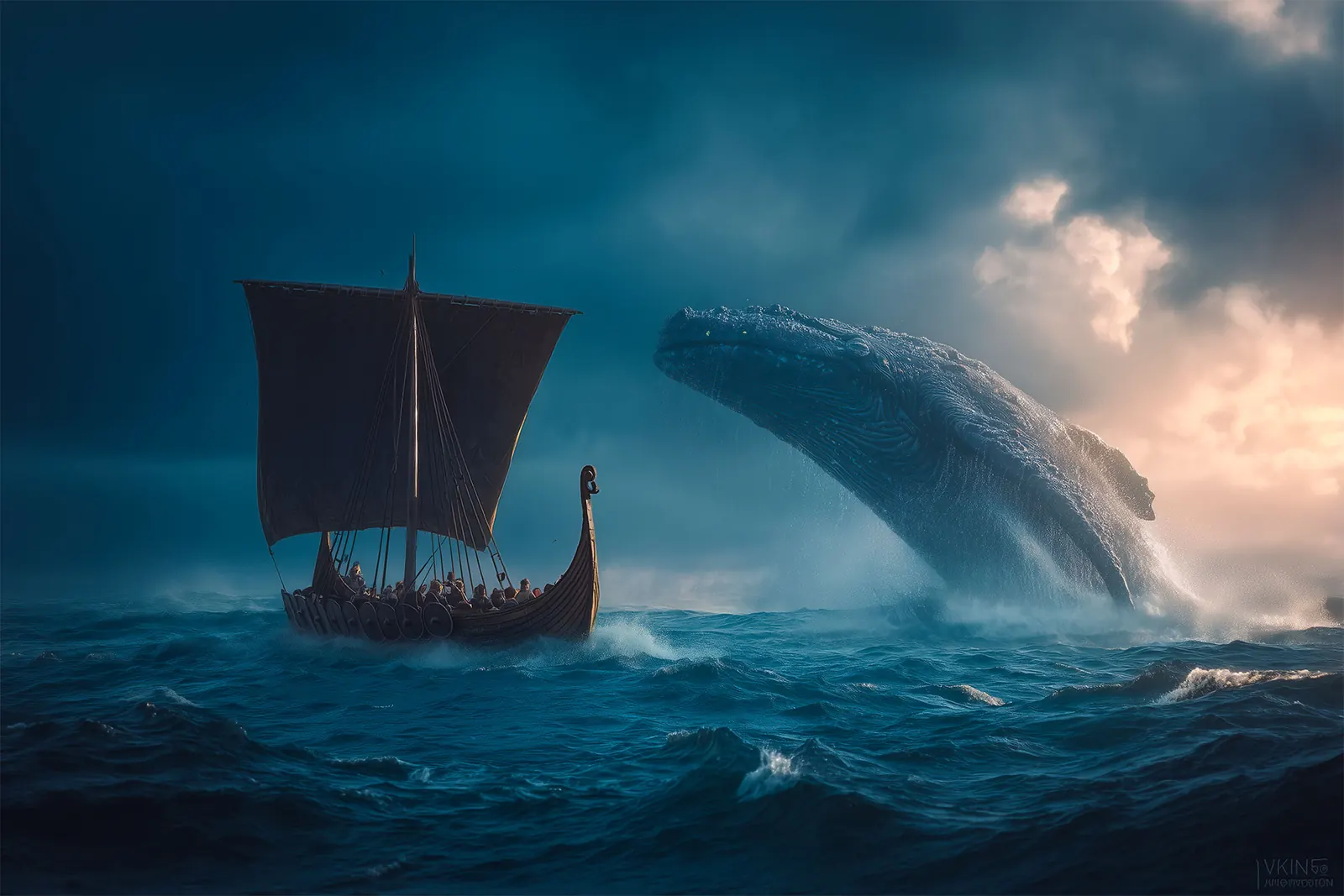 A longship next to a breaching whale in a stormy sea
